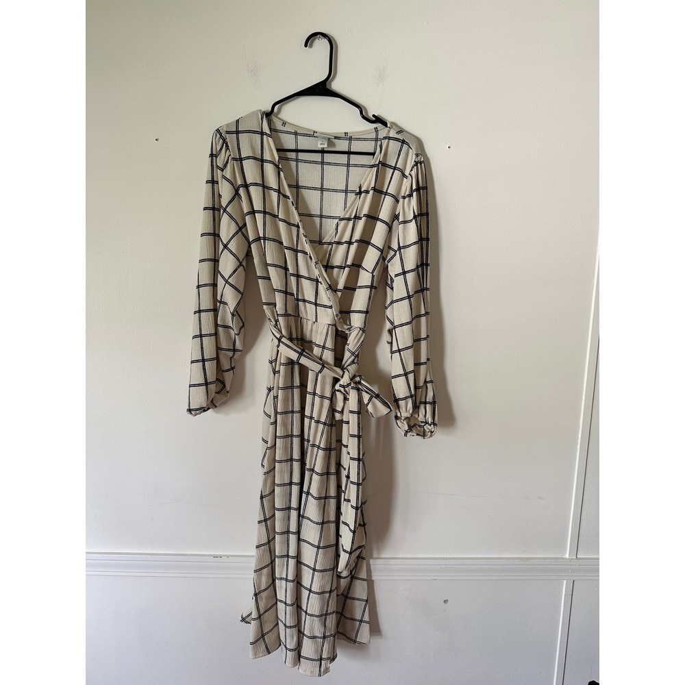 Ava & Viv Womens Plus Size X Windowpane Plaid Wrap Dress Cream Black Long Sleeve